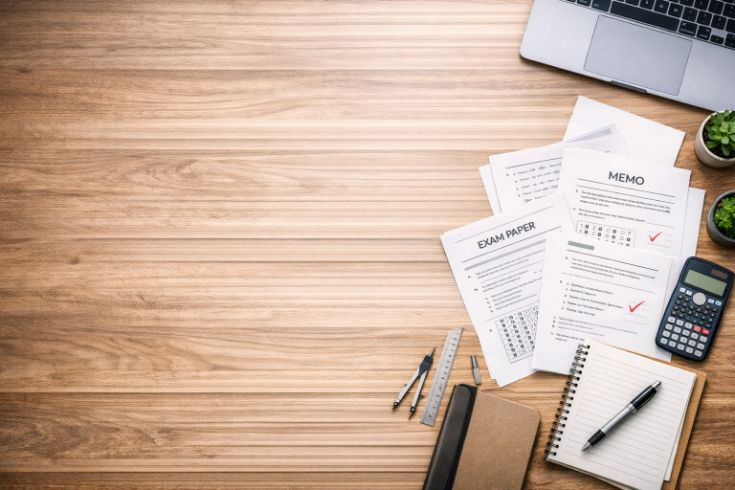 Study desk with exam papers and memo